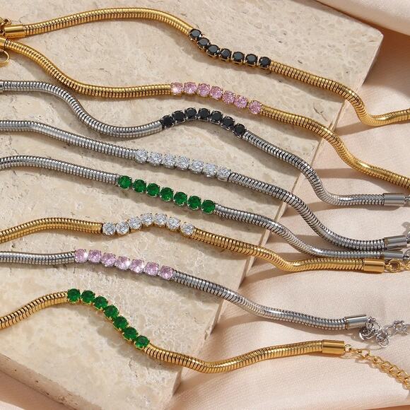 Emerald Green Zircon Snake‎ chain Bracelet 18K Gold Plated Stainless Steel - Picture 7 of 9